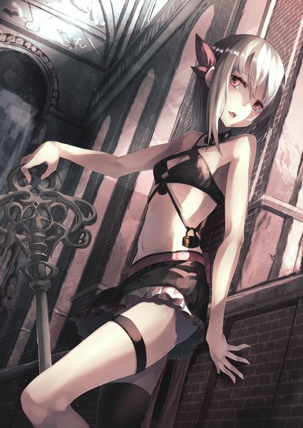 Anime picture 1254x1771 with original kagikko saraki single tall image short hair open mouth light erotic red eyes bare shoulders silver hair cleavage cutout against wall brick wall girl thighhighs crop top single thighhigh wall arch