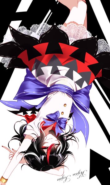 Anime-Bild 1600x2700 mit touhou kijin seija sheya single long hair tall image looking at viewer fringe black hair simple background smile hair between eyes red eyes white background nail polish parted lips one eye closed multicolored hair horn (horns) arms up