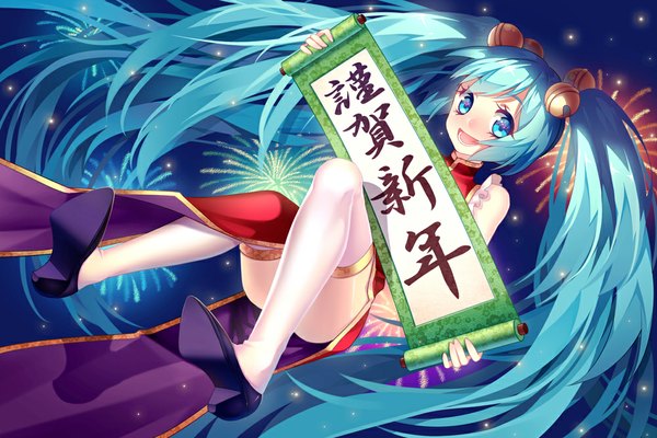 Anime picture 1000x667 with vocaloid hatsune miku sougishi ego single long hair open mouth twintails aqua eyes aqua hair chinese clothes fireworks girl thighhighs white thighhighs bell jingle bell chinese dress
