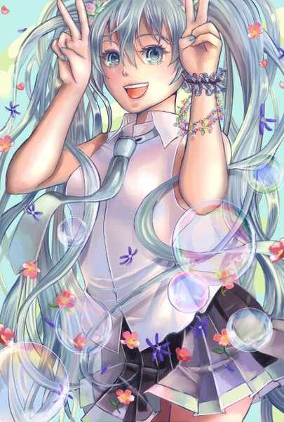 Anime picture 826x1223 with vocaloid hatsune miku minori (korifuku) single tall image looking at viewer blush open mouth twintails very long hair nail polish aqua eyes aqua hair victory wrist scrunchie girl flower (flowers) necktie bracelet bubble (bubbles)