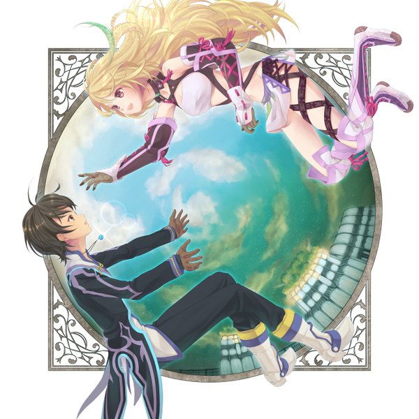 Anime picture 1378x1378 with tales of (series) tales of xillia milla maxwell jude mathis ma na roo long hair short hair black hair blonde hair red eyes sky couple outstretched arm girl boy