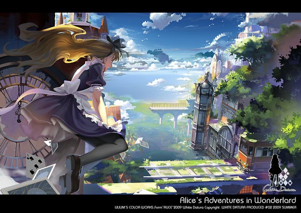 Anime picture 1024x726 with alice in wonderland original alice (wonderland) alphonse (white datura) single long hair fringe open mouth blonde hair sky cloud (clouds) horizon flying girl dress bow plant (plants) hair bow pantyhose tree (trees)