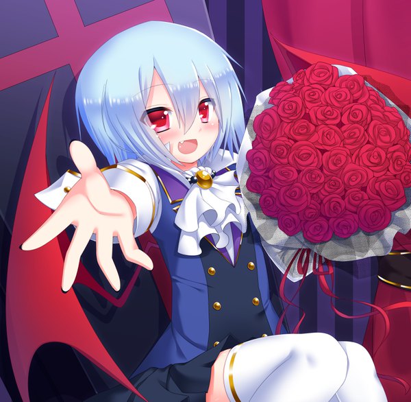 Anime picture 3159x3086 with pop'n music yuli muraji0419 single looking at viewer blush fringe highres short hair open mouth hair between eyes red eyes sitting holding blue hair absurdres bent knee (knees) nail polish pleated skirt fingernails