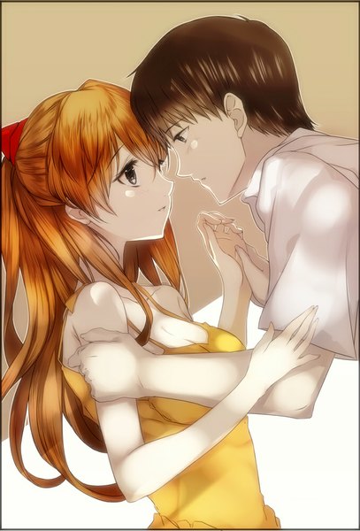 Anime picture 678x1000 with neon genesis evangelion gainax soryu asuka langley ikari shinji modern afro long hair tall image fringe short hair breasts profile orange hair grey eyes couple holding hands face to face eye contact hand on another's shoulder almost kiss girl