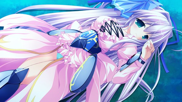 Anime picture 1280x720 with tiny dungeon (game) rosebleu note rumu long hair light erotic wide image green eyes game cg white hair pantyshot girl dress