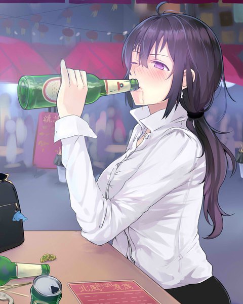 Anime picture 1200x1500 with original miyaura sanshio beifeng han long hair tall image blush fringe breasts hair between eyes purple eyes holding looking away upper body ahoge outdoors long sleeves parted lips one eye closed lips wavy hair