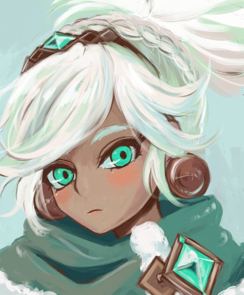 Anime picture 800x964 with league of legends taliyah (league of legends) shimatta single tall image looking at viewer blush fringe simple background green eyes upper body white hair ponytail braid (braids) fur trim dark skin portrait blue background crown braid girl