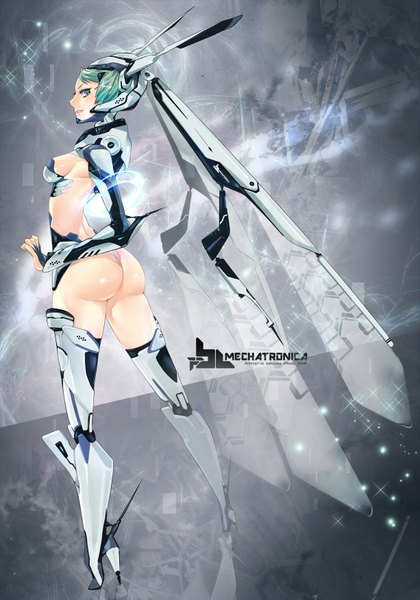 Anime picture 1225x1750 with original koneko kosodate chuu single tall image looking at viewer blush short hair breasts light erotic green eyes ass green hair inscription sparkle high heels sideboob turning head head wings mecha musume girl