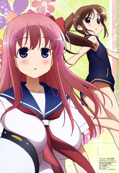 Anime picture 4085x5923 with saki haramura nodoka takakamo shizuno etopen sasaki masakatsu long hair tall image blush highres blue eyes light erotic red eyes brown hair multiple girls pink hair absurdres ponytail girl 2 girls serafuku