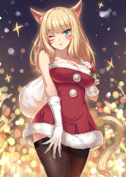Anime picture 1488x2088 with original gohei (aoi yuugure) single long hair tall image looking at viewer fringe breasts blonde hair smile hair between eyes large breasts bare shoulders holding green eyes animal ears cleavage tail parted lips head tilt