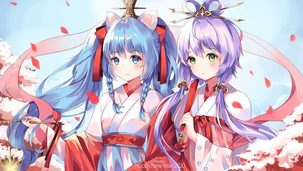 Anime picture 1920x1080 with vocaloid vocaloid china hatsune miku luo tianyi mikako long hair looking at viewer highres smile wide image twintails multiple girls holding green eyes signed animal ears payot sky purple hair upper body