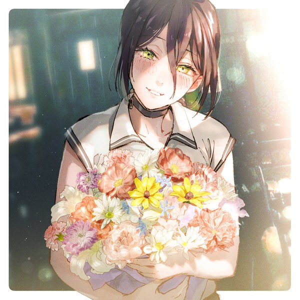 Anime picture 1200x1200 with chainsaw man mappa reze (chainsaw man) nyan5000g single looking at viewer blush fringe short hair black hair smile hair between eyes green eyes upper body head tilt border outside border girl flower (flowers) bouquet