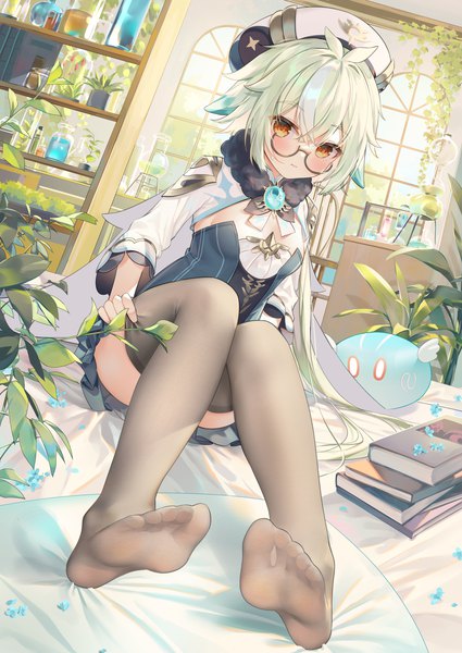 Anime picture 2150x3035 with genshin impact slime (genshin impact) sucrose (genshin impact) chen bin single long hair tall image looking at viewer blush fringe highres sitting animal ears payot bent knee (knees) indoors green hair from below orange eyes dutch angle