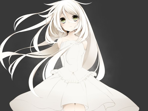 Anime picture 1600x1200 with vocaloid ia (vocaloid) yakaro (pokapoka0802) single long hair looking at viewer blush fringe simple background standing bare shoulders green eyes white hair wind grey background hands behind back girl dress gloves elbow gloves