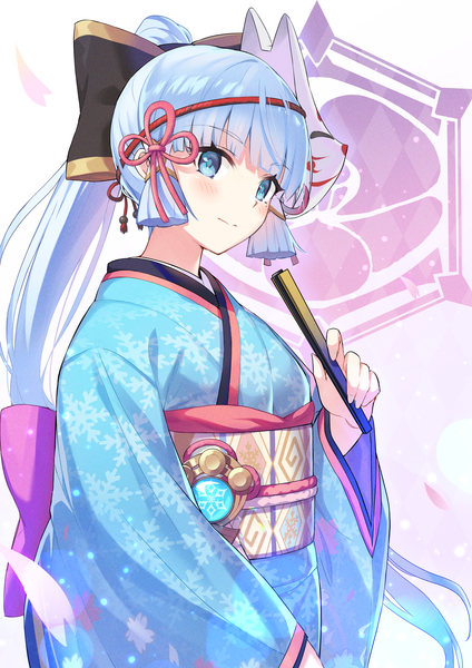 Anime picture 1771x2508 with genshin impact kamisato ayaka bilili single long hair tall image looking at viewer blush fringe highres blue eyes simple background standing holding payot blue hair ponytail blunt bangs traditional clothes japanese clothes