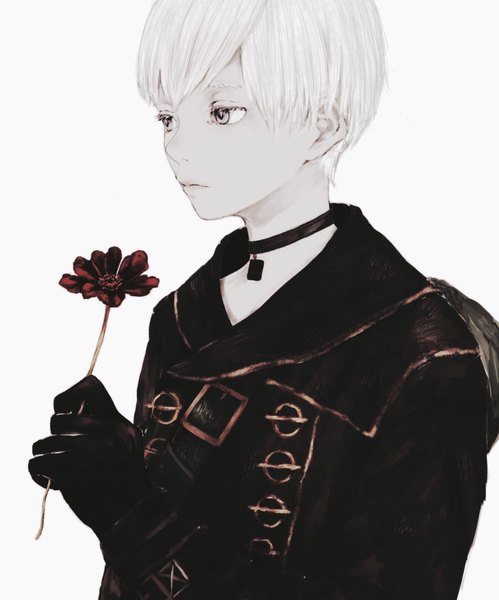 Anime picture 1697x2041 with nier nier:automata yorha no. 9 type s shirone (coxo ii) single tall image fringe short hair simple background white background holding looking away upper body white hair silver eyes boy gloves flower (flowers) choker black gloves