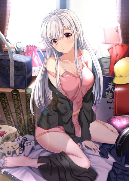 Anime picture 1072x1500 with original nintendo neeko arudehido single long hair tall image looking at viewer blush fringe breasts light erotic sitting signed silver hair head tilt pink eyes barefoot off shoulder inscription