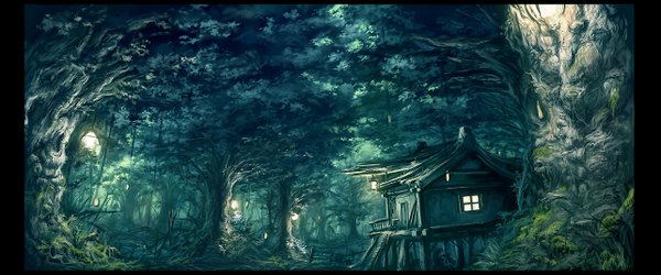 Anime picture 1284x536 with original bakurai (pixiv) wide image landscape plant (plants) tree (trees) forest lantern house roots