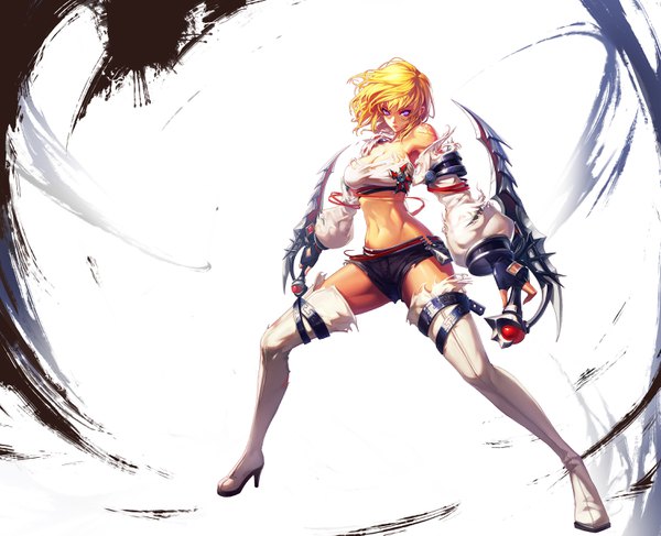 Anime picture 3000x2435 with kritika rogue (kritika) choi eun suk single looking at viewer highres short hair light erotic simple background blonde hair white background purple eyes full body midriff high heels fighting stance girl weapon sword shorts