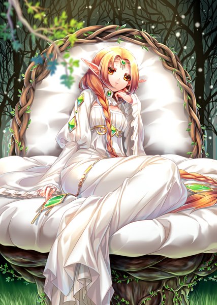 Anime picture 712x1000 with original kokutou mimi single tall image looking at viewer sitting yellow eyes bent knee (knees) braid (braids) long sleeves very long hair pointy ears wide sleeves single braid bare tree girl dress hair ornament plant (plants) tree (trees)