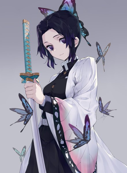 Anime picture 2165x2952 with kimetsu no yaiba ufotable kochou shinobu virtu.al single tall image looking at viewer fringe highres short hair black hair simple background smile standing purple eyes holding payot traditional clothes japanese clothes grey background