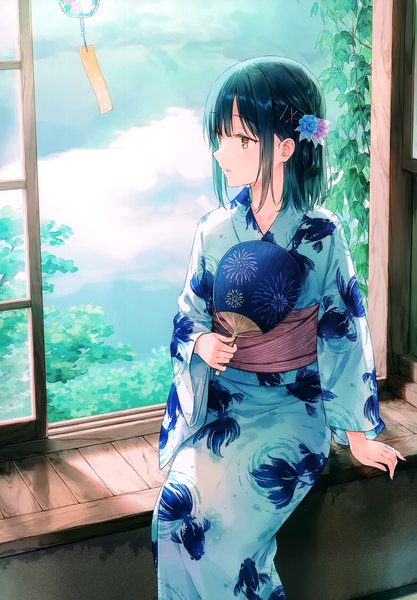 Anime picture 2406x3464 with original hiten (hitenkei) single tall image fringe highres short hair black hair sitting holding yellow eyes looking away sky cloud (clouds) indoors blunt bangs traditional clothes japanese clothes profile hair flower