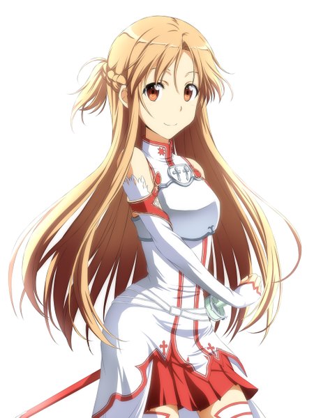 Anime picture 1011x1318 with sword art online a-1 pictures yuuki asuna nori tamago single long hair tall image simple background smile red eyes brown hair white background girl weapon detached sleeves sword