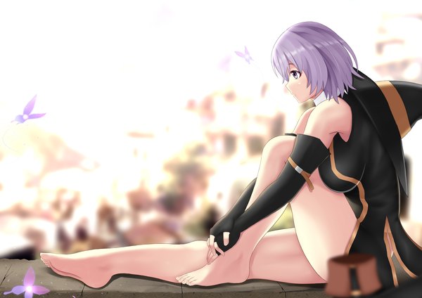 Anime picture 2500x1767 with hai to gensou no grimgar a-1 pictures shihoru (grimgar) otono fei single highres short hair light erotic purple eyes looking away purple hair barefoot bare legs girl dress gloves hat elbow gloves fingerless gloves insect