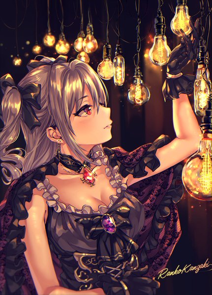 Anime picture 1703x2368 with idolmaster idolmaster cinderella girls kanzaki ranko shashaki single long hair tall image fringe highres hair between eyes red eyes looking away cleavage silver hair upper body profile two side up character names outstretched arm girl