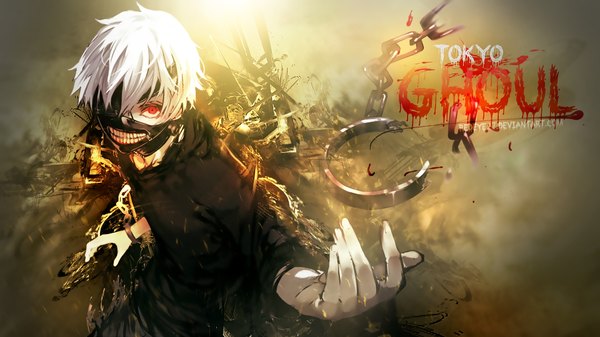 Anime picture 1920x1080 with tokyo ghoul studio pierrot kaneki ken redeye27 bon (artist) single highres short hair red eyes wide image looking away white hair from above teeth wallpaper copyright name outstretched arm brown background albino boy