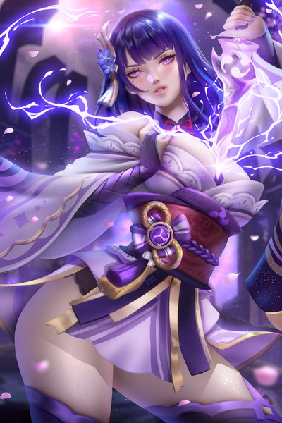Anime picture 4800x7200 with genshin impact raiden shogun ayyasap single long hair tall image looking at viewer blush fringe highres breasts light erotic large breasts standing purple eyes holding signed absurdres purple hair blunt bangs