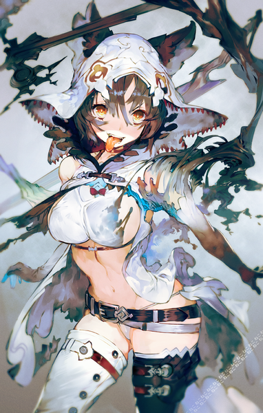 Anime picture 765x1200 with original toridamono single tall image fringe short hair breasts open mouth light erotic hair between eyes brown hair large breasts standing animal ears looking away grey background teeth orange eyes torn clothes spread arms