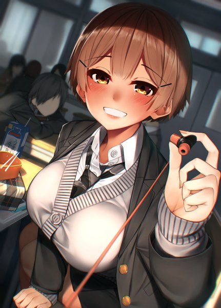 Anime picture 1058x1471 with original waterdog tall image looking at viewer blush fringe short hair breasts smile hair between eyes brown hair large breasts sitting holding brown eyes indoors arm support depth of field grin solo focus