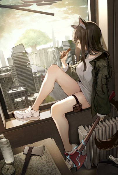 Anime picture 2500x3700 with original dampi single long hair tall image fringe highres brown hair sitting holding animal ears yellow eyes looking away sky cloud (clouds) full body bent knee (knees) tail long sleeves animal tail
