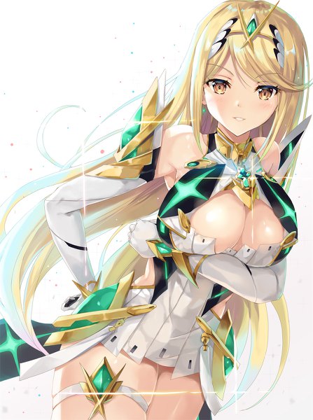 Anime picture 894x1200 with xenoblade xenoblade 2 mythra (xenoblade) inoue takuya (tactactak) single long hair tall image looking at viewer blush fringe breasts light erotic simple background blonde hair large breasts white background brown eyes cleavage parted lips light smile