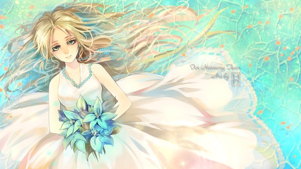 Anime picture 1280x720 with original harumagai single breasts blonde hair wide image holding green eyes lying from above light smile on back wedding girl dress flower (flowers) earrings petals water beads