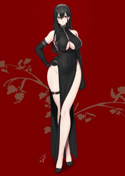 Anime picture 1131x1587 with original classy-black-haired girl (hayabusa) hayabusa single long hair tall image looking at viewer blush fringe breasts light erotic black hair simple background hair between eyes large breasts standing purple eyes full body mole no bra