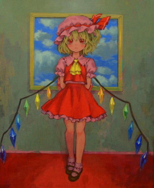 Anime picture 1149x1400 with touhou flandre scarlet ama-tou single tall image looking at viewer blush short hair blonde hair red eyes sky cloud (clouds) one side up hands behind back girl skirt wings bonnet skirt set crystal