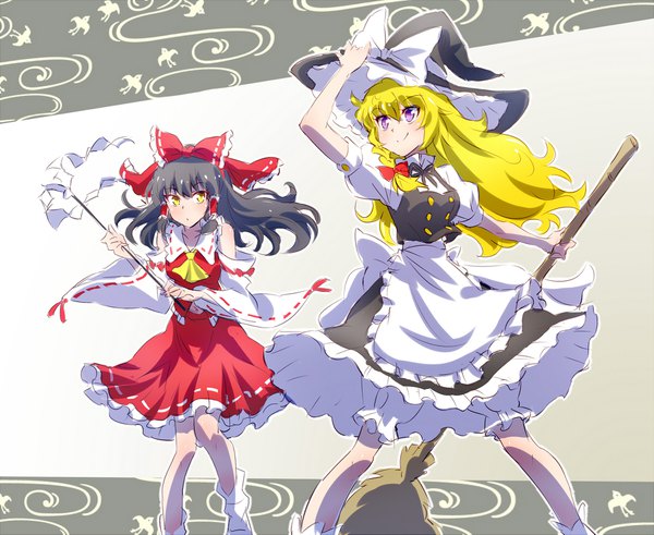 Anime picture 1800x1473 with rwby touhou rooster teeth hakurei reimu kirisame marisa blake belladonna yang xiao long iesupa long hair fringe highres black hair blonde hair simple background smile hair between eyes purple eyes multiple girls holding yellow eyes