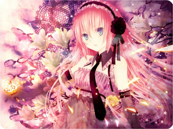 Anime picture 1000x750 with vocaloid megurine luka nozomi fuuten single long hair blue eyes pink hair girl dress gloves flower (flowers) petals necktie elbow gloves headdress magnolia