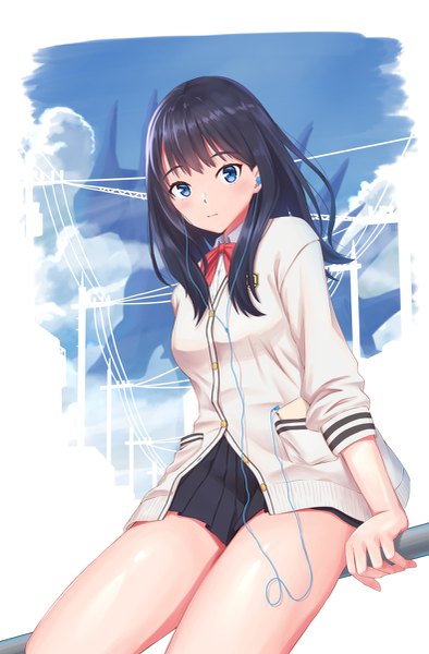 Anime picture 789x1200 with gridman universe ssss.gridman studio trigger takarada rikka skyrail (skynetrailgun) single long hair tall image looking at viewer blush fringe blue eyes black hair sky cloud (clouds) pleated skirt leaning thighs partially open clothes unbuttoned