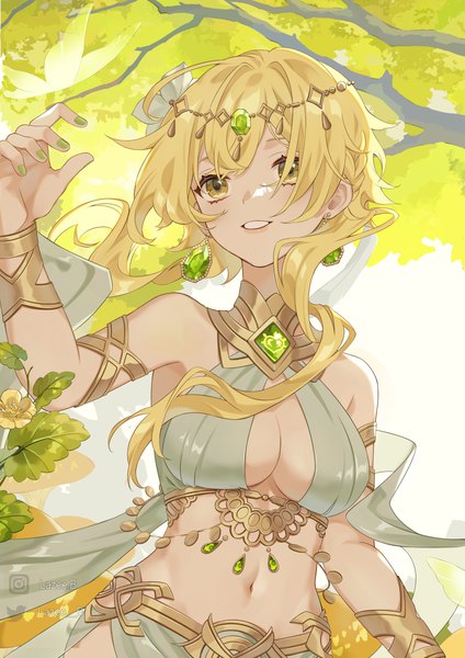 Anime picture 1050x1485 with genshin impact lumine (genshin impact) lazee b single long hair tall image breasts light erotic blonde hair smile large breasts yellow eyes looking away upper body outdoors nail polish girl navel plant (plants) earrings