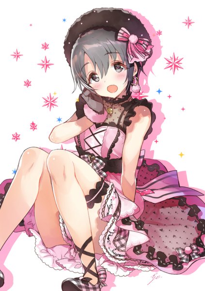 Anime picture 918x1302 with idolmaster idolmaster cinderella girls idolmaster cinderella girls starlight stage otokura yuuki hayama eishi single tall image looking at viewer blush short hair open mouth white background sitting :d grey hair grey eyes sleeveless hand on cheek step to aspiration girl