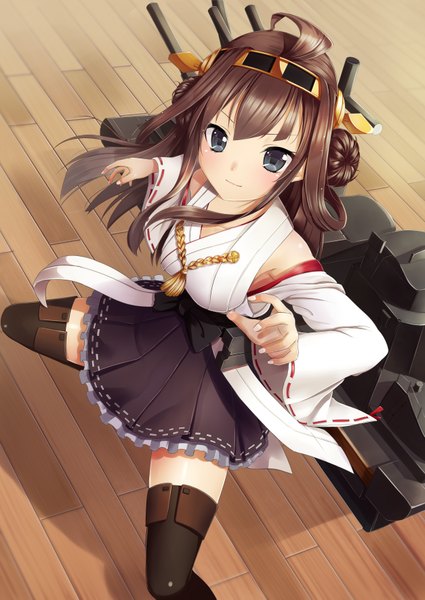 Anime picture 2507x3541 with kantai collection kongou battleship sasami single long hair tall image looking at viewer highres blue eyes brown hair ahoge traditional clothes nontraditional miko girl thighhighs hair ornament detached sleeves