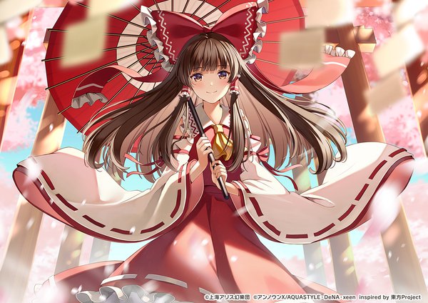 Anime picture 1280x905 with touhou hakurei reimu yuuka nonoko single long hair looking at viewer fringe smile brown hair blunt bangs traditional clothes japanese clothes official art nontraditional miko girl bow hair bow detached sleeves umbrella hair tubes