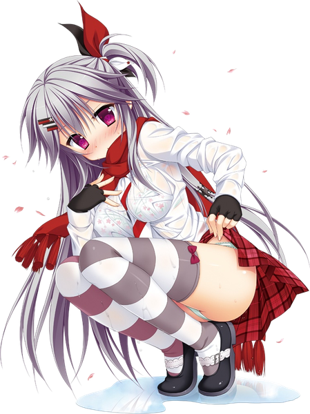 Anime picture 749x1000 with hanasaki work spring shiranui inori moribe (rabumanyo) single long hair tall image blush light erotic purple eyes full body grey hair pantyshot one side up pantyshot sitting squat transparent background different thighhighs girl thighhighs skirt