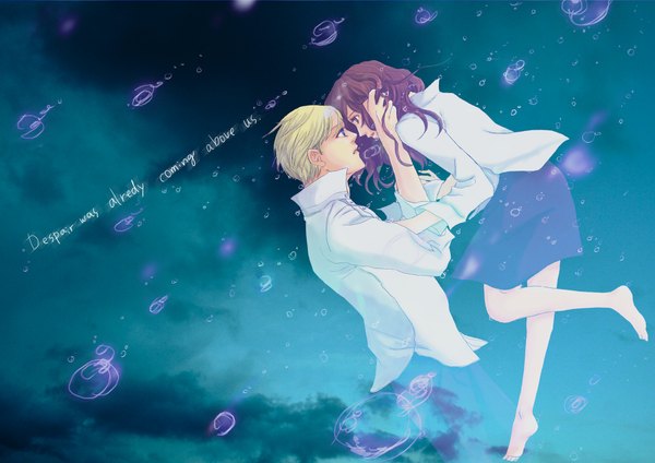 Anime picture 2000x1414 with harry potter hermione granger draco malfoy scarlet (pixiv 1653003) long hair highres short hair blue eyes blonde hair brown hair brown eyes sky cloud (clouds) lying barefoot inscription night sky couple hug face to face