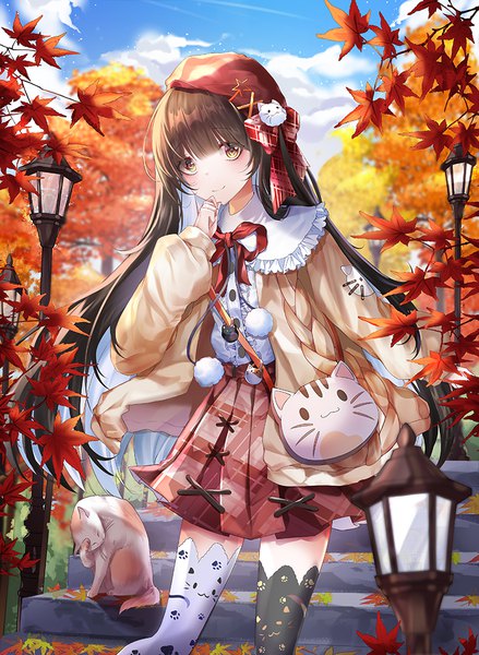 Anime picture 750x1024 with original m1yu single long hair tall image looking at viewer blush fringe smile brown hair standing yellow eyes sky cloud (clouds) outdoors blunt bangs long sleeves arm up open jacket autumn