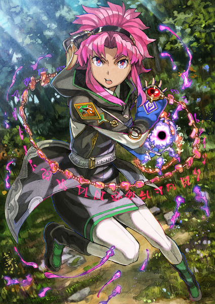 Anime picture 724x1023 with original pixiv fantasia pixiv fantasia t rano single tall image looking at viewer fringe short hair open mouth standing purple eyes payot pink hair bent knee (knees) from above magic standing on one leg girl plant (plants)