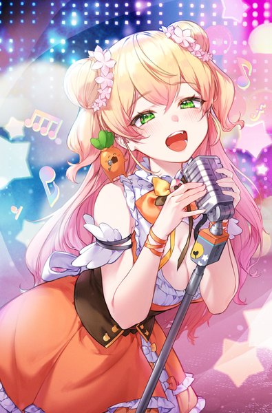 Anime picture 1600x2429 with virtual youtuber hololive momosuzu nene nekko (momosuzu nene) momosuzu nene (1st costume) kokko (kokko3045) single long hair tall image looking at viewer blush fringe breasts open mouth light erotic blonde hair smile hair between eyes large breasts standing